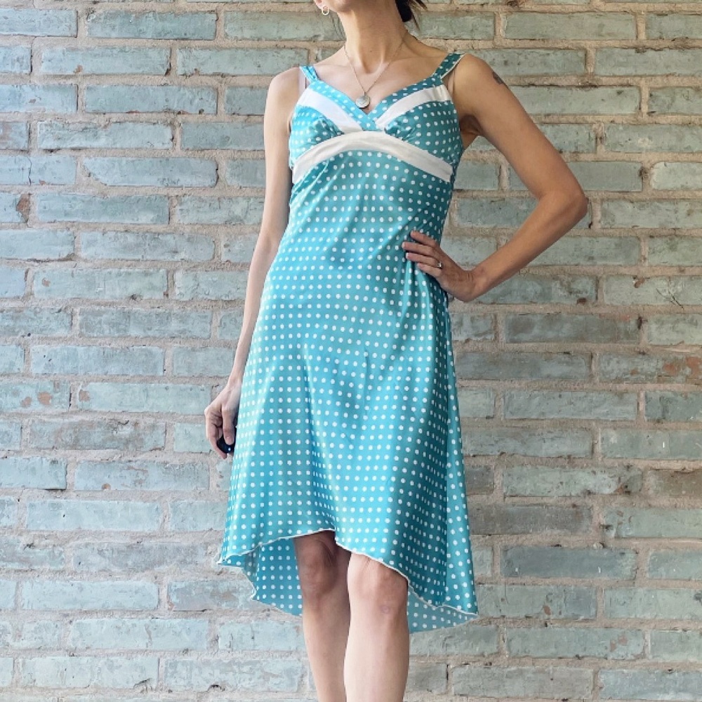 Vintage Slip Dress 90s Turquoise Blue Polka Dot Satin Y2K Bias Empire Waist Midi